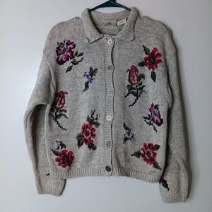 VTG Northern Reflections Cardigan Womens L Gray Floral Embroidered Cottagecore